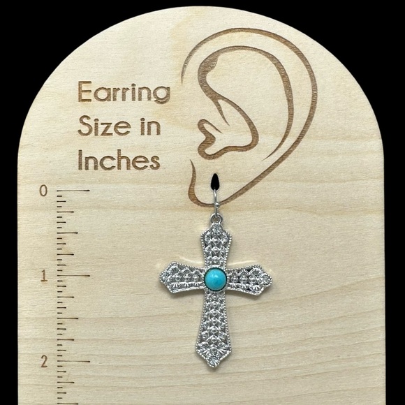 Cross Turquoise Stone Rhinestone Silver Tone Dangle Earrings - Picture 3 of 3
